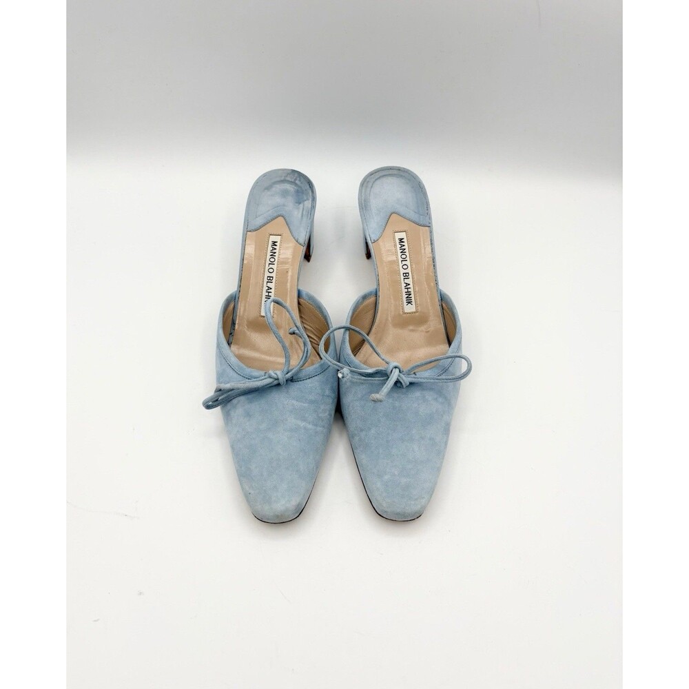 Manolo Blahnik Baby Blue Suede Mules Kitten Heels Bow Accent Size EU 37.5 - Picture 2 of 12